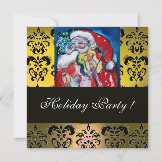 SANTA & VIOLIN YELLOW BLACK DAMASK MONOGRAMM Ruby Einladung (Vorderseite)