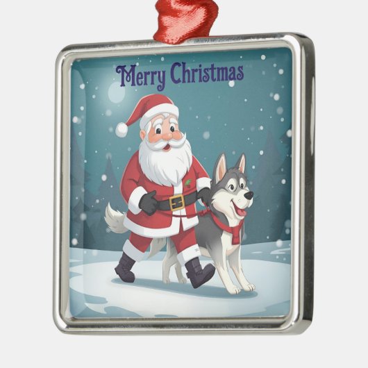 Santa walking a Husky Christmas Ornament (Links)
