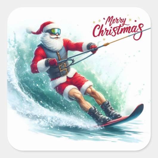 Santa Waterski am sonnigen Weihnachtsmorgen Quadratischer Aufkleber (Vorderseite)