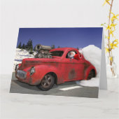 Santa Waving Old 1941 Rusty Hotrod Coupe Karte (Gelbe Blume)
