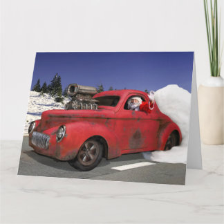 Santa Waving Old 1941 Rusty Hotrod Coupe Karte