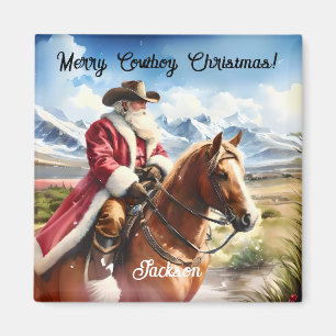 Santa Wearing Cowboy Hat und Reitpferd Magnet
