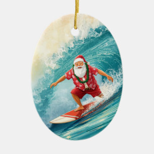 Santa Weihnachts-Surfer surft auf großer Welle Keramik Ornament