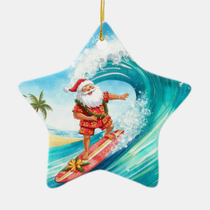 Santa Weihnachts-Surfer surft auf großer Welle Keramik Ornament