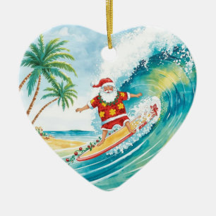 Santa Weihnachts-Surfer surft auf großer Welle Keramik Ornament