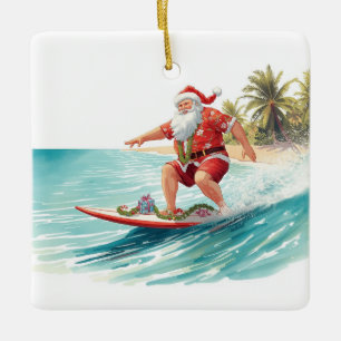 Santa Weihnachts-Surfer surft auf großer Welle Keramikornament