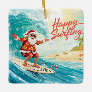 Santa Weihnachts-Surfer surft auf großer Welle Keramikornament