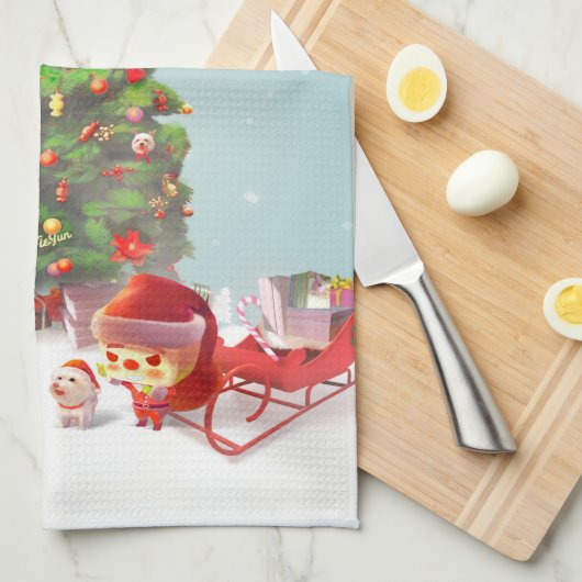 Santa Welpe: Lächelnder Bichon und Weihnachtsbaum Geschirrtuch (Viertel Falte)