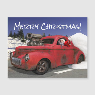 Santa winkend fährt altes, rostiges Hotrod-Coupe v Magnetkarte
