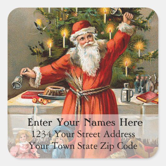 Santa with Bells Weihnachtsanschrift Label Quadratischer Aufkleber (Vorderseite)
