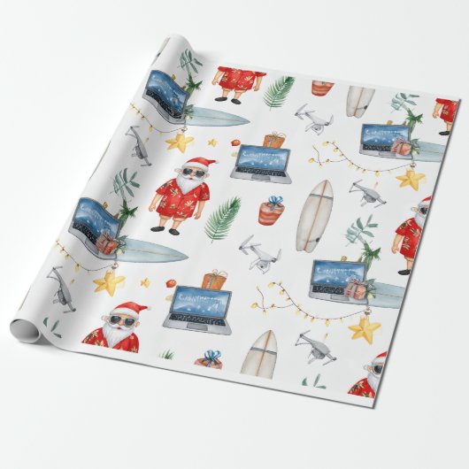 Santa with computer and Surfboard on Christmas  Geschenkpapier (Ungerollt)