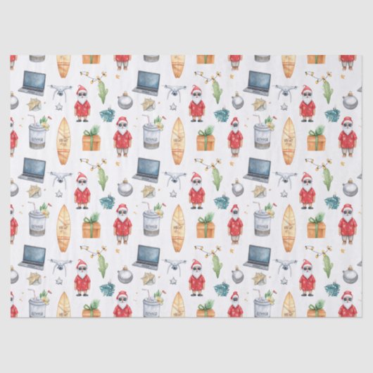 Santa with computer and Surfboard on Christmas  Seidenpapier (Vorderseite)