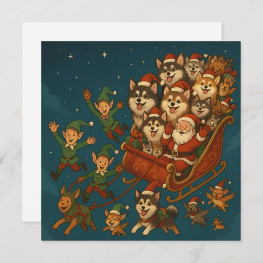 Santa with joyous pups and elves! einladung (Vorne/Hinten)