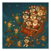 Santa with joyous pups and elves!