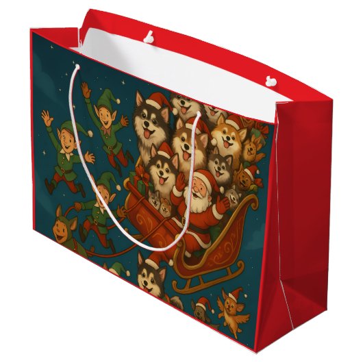 Santa with joyous pups and elves! große geschenktüte (Rückseite Schrägansicht)