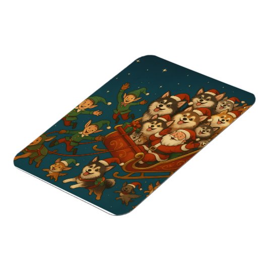 Santa with joyous pups and elves! magnet (Linke Seite)