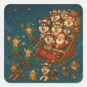 Santa with joyous pups and elves! quadratischer aufkleber (Vorderseite)