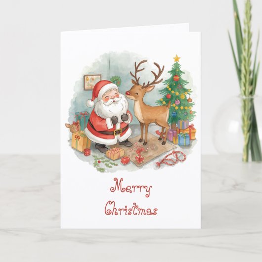 Santa with toys and reindeer & whimsical Christmas Karte (Vorderseite)