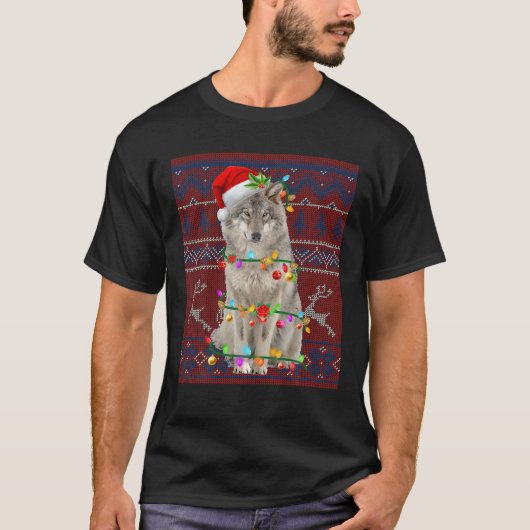 Santa Wolf Weihnachtsbaum Light Pajama X-Mas Match T-Shirt (Vorderseite)