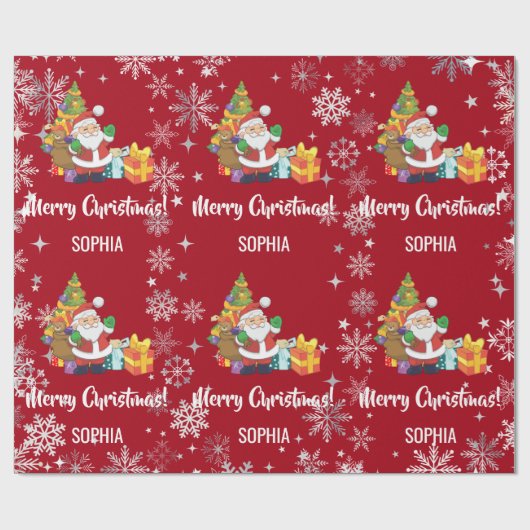 Santa Xmas Tree Gifts Snowflakes Personalize Name Geschenkpapier (Flach)