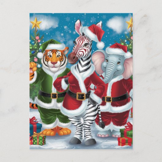 Santa Zebra, Tiger und Elefant Postkarte (Vorderseite)