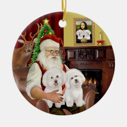 Santa - Zwei Bichon Frise Keramik Ornament (Vorne)