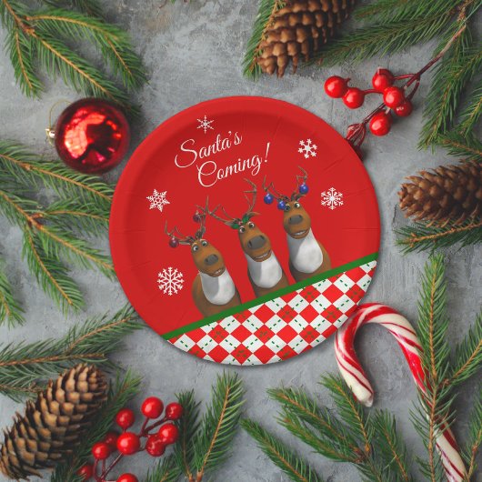 Santa's Coming Rentier Trio Red Party Paper Plate Pappteller