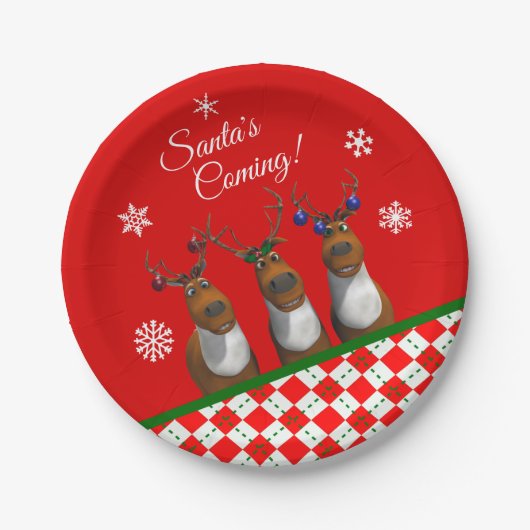 Santa's Coming Rentier Trio Red Party Paper Plate Pappteller (Vorderseite)