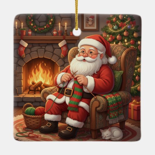 "Santa's Cozy Knitting Nook" Personalized Keramikornament (Rückseite)