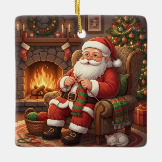 "Santa's Cozy Knitting Nook" Personalized Keramikornament (Vorderseite)