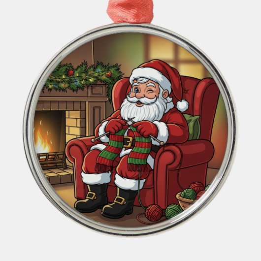 "Santa's Cozy Knitting Nook" Personalized Ornament Aus Metall (Vorne)