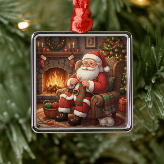 "Santa's Cozy Knitting Nook" Personalized Ornament Aus Metall (Baum)