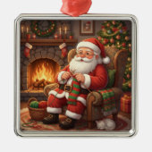 "Santa's Cozy Knitting Nook" Personalized Ornament Aus Metall (Vorne)
