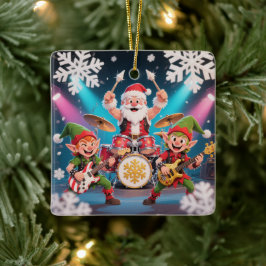 Santa's drummende Rockband-Weihnachtsbaumanhänger Keramikornament