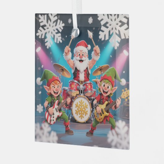 Santa's Drumming Rock Band Ornament Aus Glas (Vorderseite links)