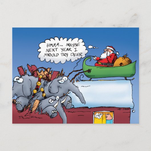 Santas Elephants Funny Holiday Cartoon Feiertagspostkarte (Vorderseite)