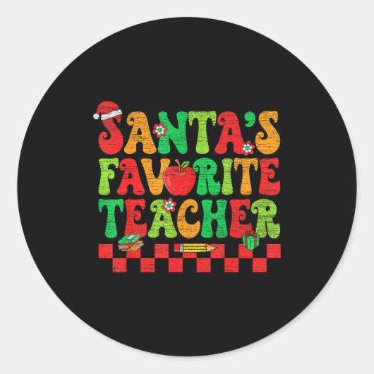 Santas Favorite Teacher Retro Groovy Christmas Xma Runder Aufkleber (Vorderseite)
