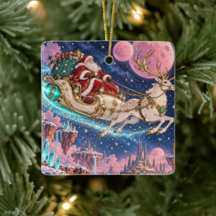 Santas fliegender Schlitten über schwebenden Insel Keramikornament