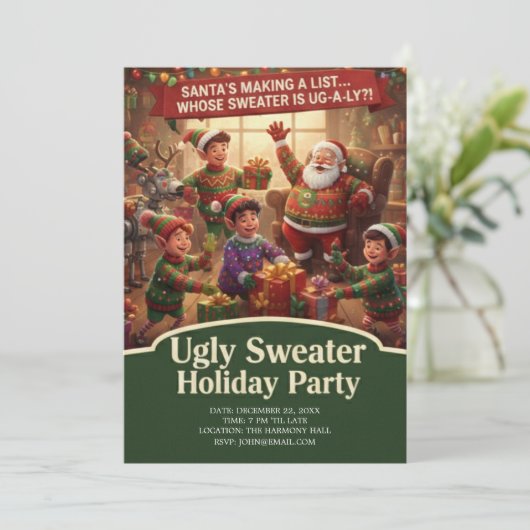 Santa's List Ugly Sweater Holiday Party Dramatic Einladung (Stehend Vorderseite)