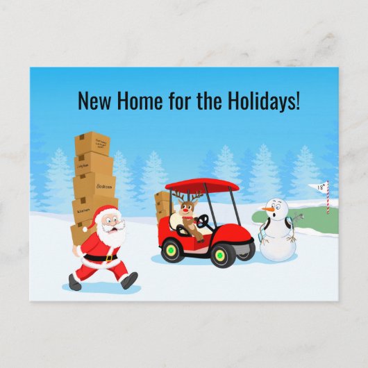 Santa's Moving Boxes with Reindeer on Golf Course Ankündigungspostkarte (Vorderseite)