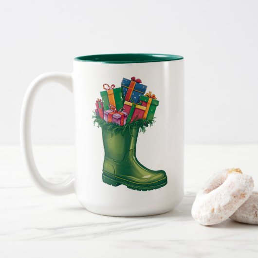 Santa's New Boots Zweifarbige Tasse (Mit Donut)