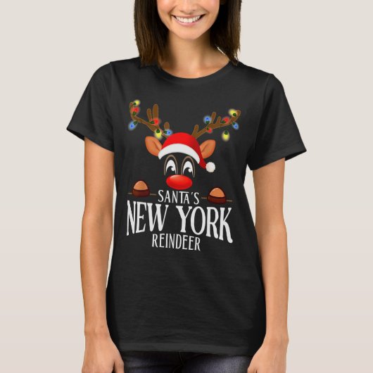 Santa's New York Reindeer Funny Xmas Matching Pjs  T-Shirt (Vorderseite)