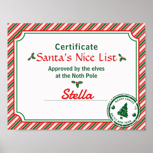 Santa's Nice List Certificate Red Green Candy Cane Poster (Vorne)