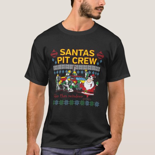 Santa's Pit Crew Race Car Ugly Weihnachten T-Shirt (Vorderseite)