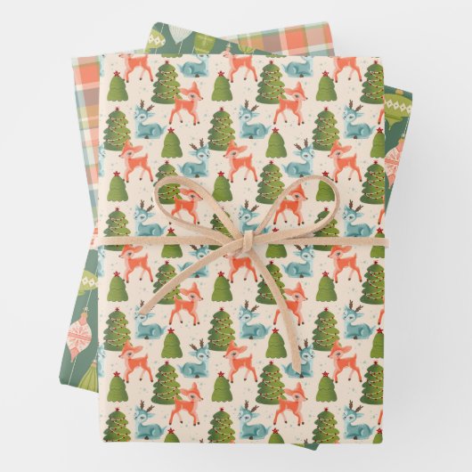 Santa's Reindeer, Retro Christmas Baubles, Plaid Geschenkpapier Set (Beispiel)