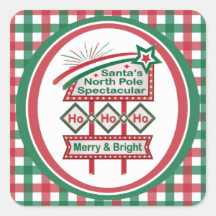 Santas Retro-Marquee – Ho Ho Ho Merry & Bright Quadratischer Aufkleber