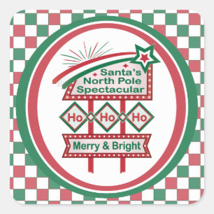 Santa's Retro Marquee - Ho Ho Ho Merry & Bright Quadratischer Aufkleber