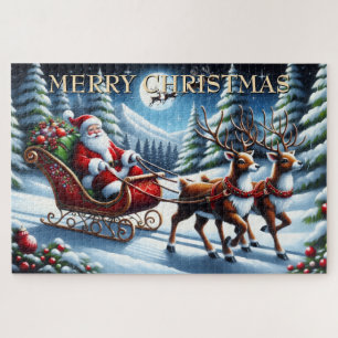 Santas Schlitten durch den schneebedeckten Wald zu Puzzle