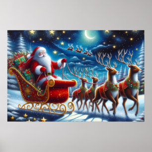 Santas Schlitten und Rentiere in der Weihnachtsnac Poster