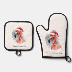 Santas Schneevogel Flamingo, individuell anpassbar Ofenhandschuh & Topflappen-Set